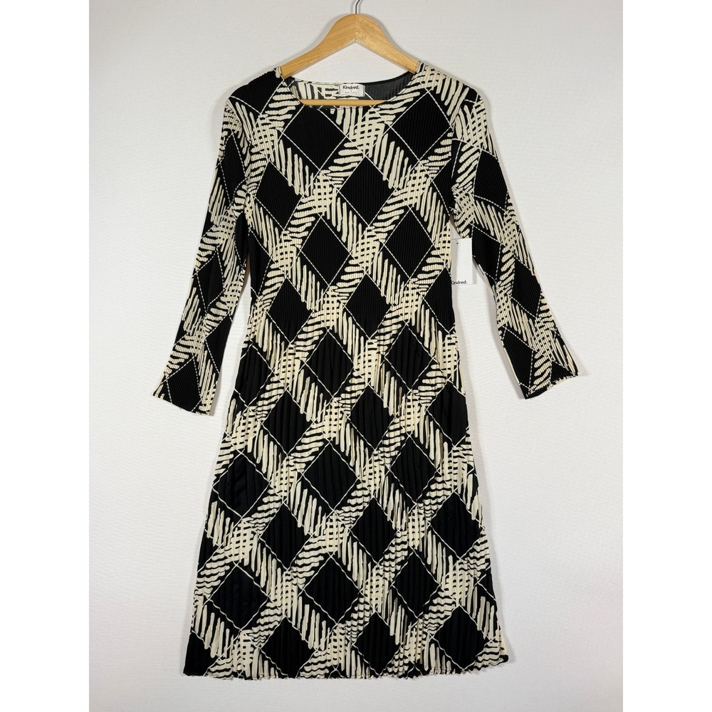 NEW Kindred Large Pleated Dress Black Cream Womens Geometric Mod Graphic Office
